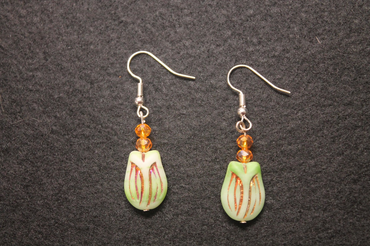 Green tulip Czech glass drop earrings with amber crystal beads and silver fish hook wires