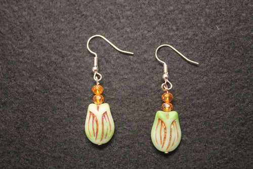 Green tulip Czech glass drop earrings with amber crystal beads and silver fish hook wires